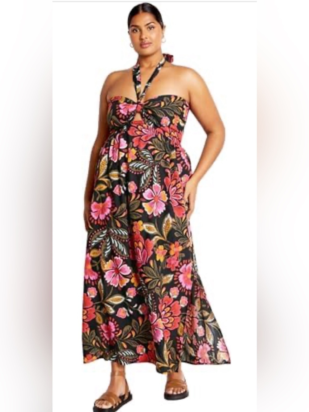 City Chic Strapless Floral Maxi Dress in Black, Pink and Coral